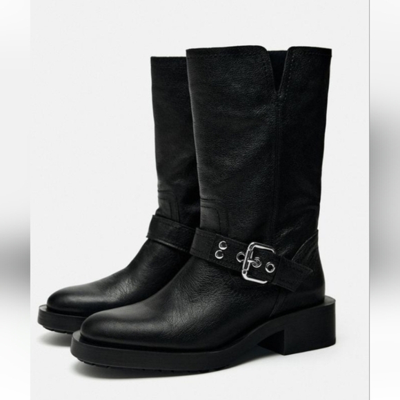 Zara Leather Biker Boots - Picture 3 of 12